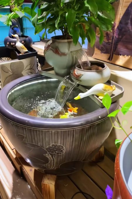 🐟 نافورة فخارية مزينة بأسماك ونبات طبيعي